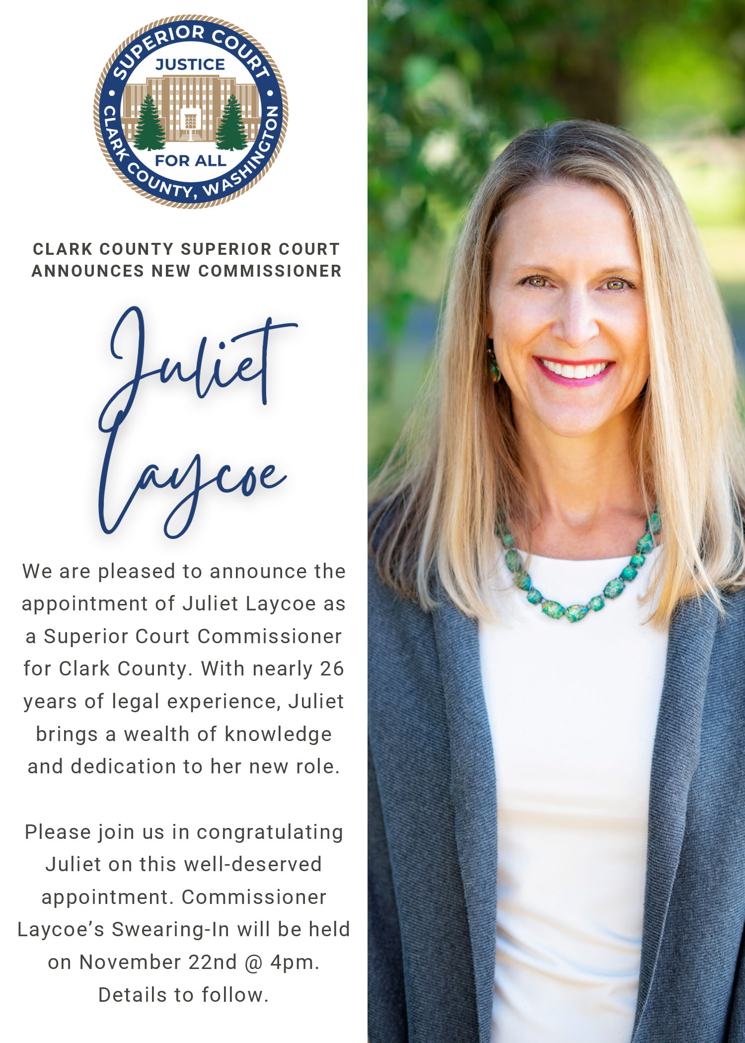 Image announcing Juliet Laycoe's appointment as Superior Court Commissioner for Clark County on November 22, 2024.